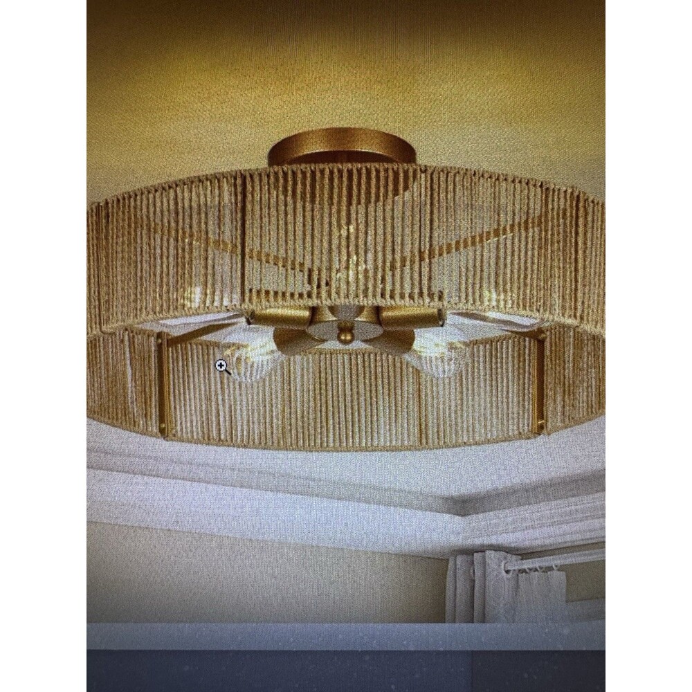 24" Natural Rattan Gold 5-Light Flush Mount Ceiling Light Chandelier Loctab
